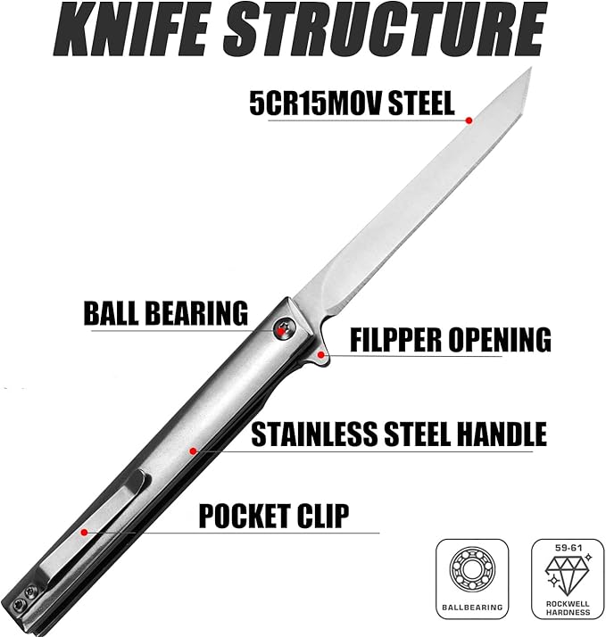 BLADESMITH Pocket Folding Knife, Gentlemen`s Slim EDC Knife, 3.5" 5Cr15Mov Steel Blade, Fully Silver Ti-coated Stainless Steel handle, with Leather Sheath