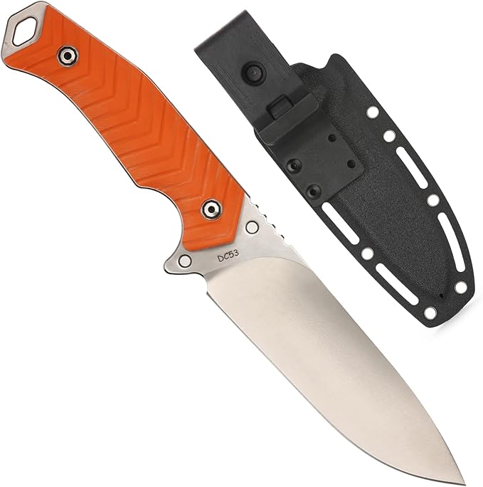 DC53 Steel 5" Fixed Blade Hunting Knife with Kydex Sheath, Camping Fishing Multi-Purpose Outdoor Gear with G10 Handle, Camping Bush Knife, Gifts for Men