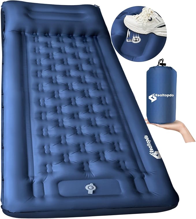 Extra Thick 5 Inch Camping Sleeping Pad - Self Inflating Sleeping Pad with Pillow, Camping Mattress Pad with Foot Pump, Sleeping Pad Mat for Camping Backpacking, Hiking, Traveling (Blue)