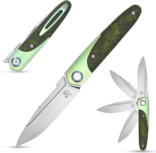 Sitivien ST992 Folding Pocket Knife,Handmade M390 Pearlescent Brushed Steel Blade,Titanium Carbon Fiber Handle EDC Tool Knife for Outdoor Camping,Hiking,Survival,Hunting(Green) … … …
