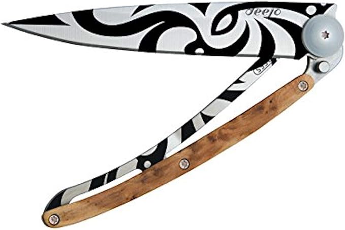 deejo - Ultra-light folding pocket knife with belt clip - Version Juniper 1.3 OZ - Fine and sharp blade - Tribal motif - Stainless steel - Elegant and modern design
