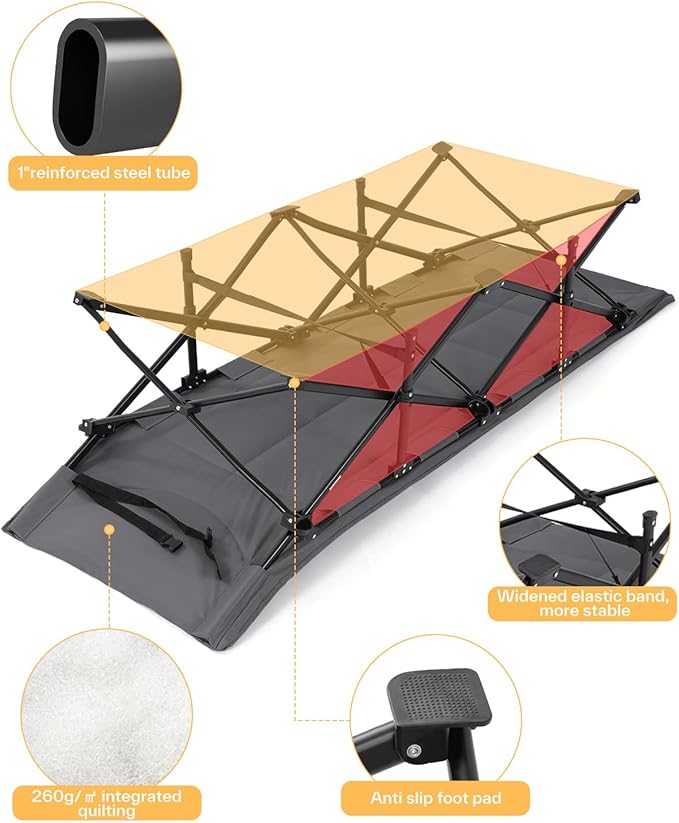 Sportneer Camping Cots for Adults, Sleeping Cot with Cushion Max Load 450 LBS Heavy Duty Folding Camping Sleeping Cot with Padded for Camping Tent Office Sleep Over (Grey, 73" Lx27 Wx14.5 H)