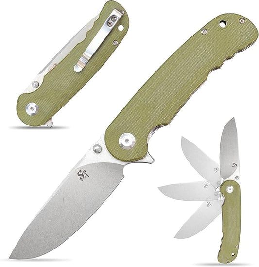 Sitivien ST106 Folding Knife, D2 Blade and Micarta Handle Flipper Pocket Knife, EDC Tool Knife for Outdoor Camping Hiking Survival(Army Green) …