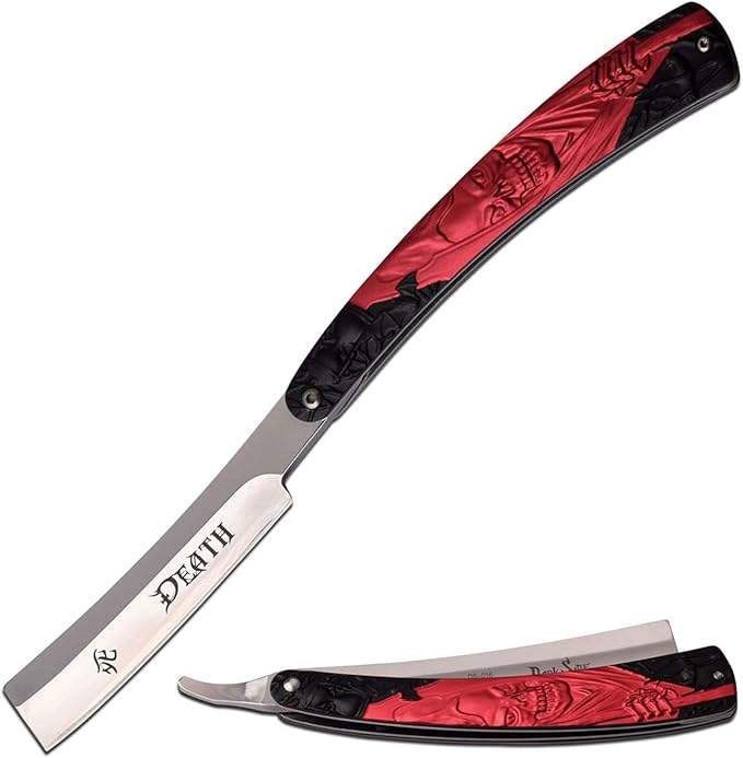 Razor Style Folding Pocket Knife – Satin Finish Stainless Steel Blade w/Red & Black Grim Reaper Design Aluminum Handle, EDC, Shave, Shaving, Fantasy, Collectible, DS-016RD