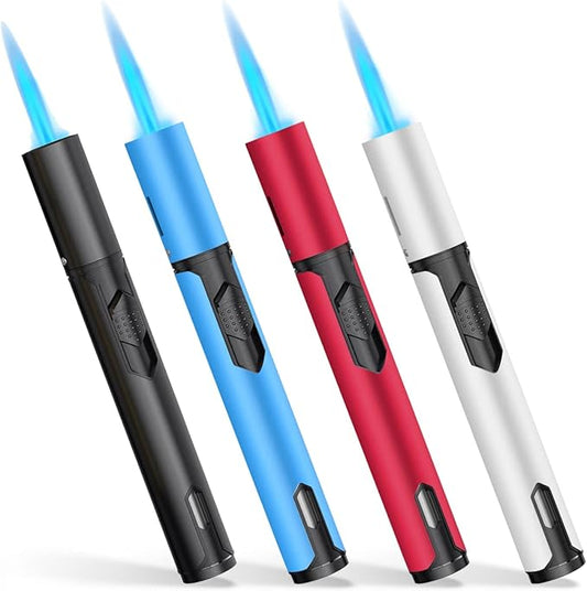 Torch Lighters, 4 Pack, Butane Lighters, Adjustable Flame Windproof Butane Refillable Gas, Long Lighters for Candle, Grill, BBQ, Fireworks, Camping (Butane Not Included)