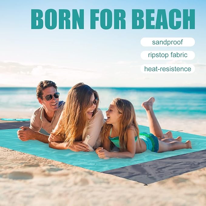 Yonge & Finch Large Beach Blanket Sandproof Heat-Resistent Beach Mat Machine Washable Camp Blanket Packable Pocket Blanket Waterproof Outdoor Blanket Fit 4-7 Persons 83 * 79inch Acid Blue