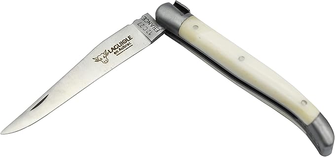 Laguiole en Aubrac Handmade Luxury Folding Pocket Knife, 3.5-in (9cm). Zebu Bone Handle, Hand Forged Bee, Stainless Steel Matte Bolsters