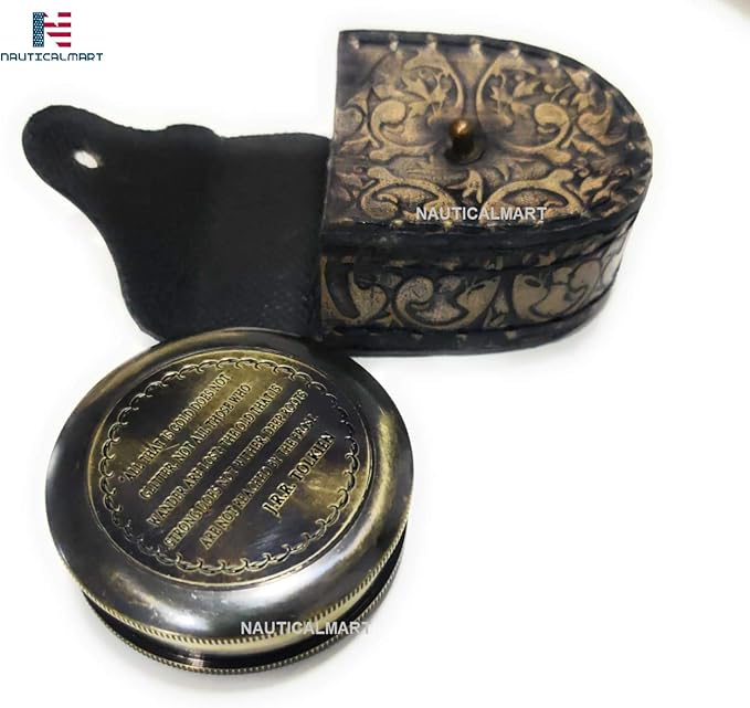 Antique Nautical Vintage Directional Magnetic Engraved Compass Leather Case Graduation Day, Baptism, Communion, Confirmation Day, Motivational Loved Ones, Son, Father, Partner J.R.R. Tolkien