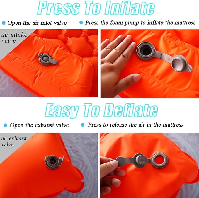 Sleeping Pad for Camping, Inflatable Sleeping Mat with Pillow, Camping Pad with Built-in Foot Pump, Lightweight Camping Mattress Pad for Car Camping, Backpacking, Tent and Hiking (Full (Orange))