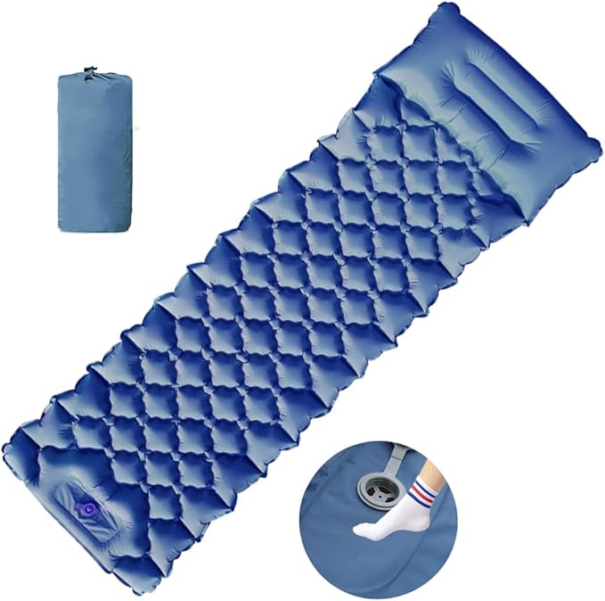 Sleeping Pad for Camping, Inflatable Sleeping Mat with Pillow, Camping Pad with Built-in Foot Pump, Lightweight Camping Mattress Pad for Car Camping, Backpacking, Tent and Hiking (Single (Navy))