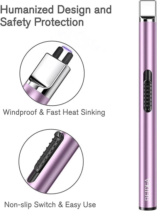 REIDEA Lighter S4 Electronic Candle Lighter USB Rechargeable with Security Lock, Windproof Fast Heat Sinking, Non-Slip Switch Electronic Lighter for Candle, Grill, Camping (2 Pack Lavender Purple)