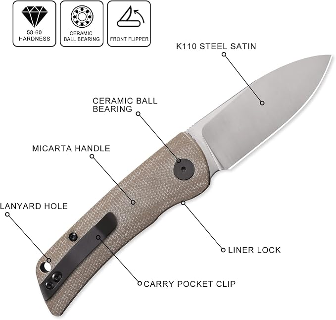 Petrified fish PFE05 Flavorist,3.15" K110 Satin Blade, 94g Micarta Handle Front Flipper Liner lock Folding knife (Khaki-S)