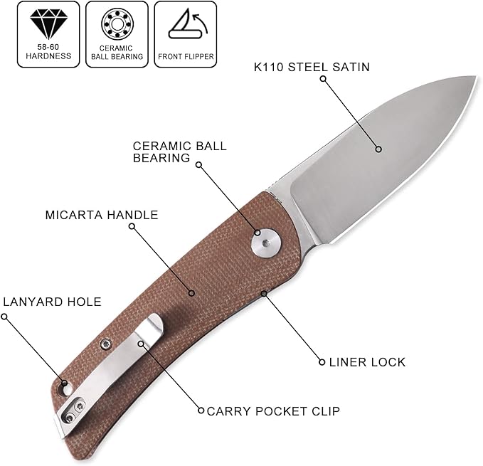 Petrified fish PFE05 Flavorist,3.15" K110 Satin Blade, 94g Micarta Handle Front Flipper Liner lock Folding knife (Brown-S)