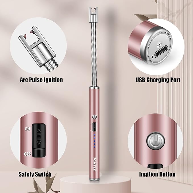 Lighter, Rechargeable Candle Lighter Grill Lighter Electric Arc Lighter with Flexible Neck, LED Battery Display Safety Switch for Candle Camping Cooking BBQs Fireworks (Pink)