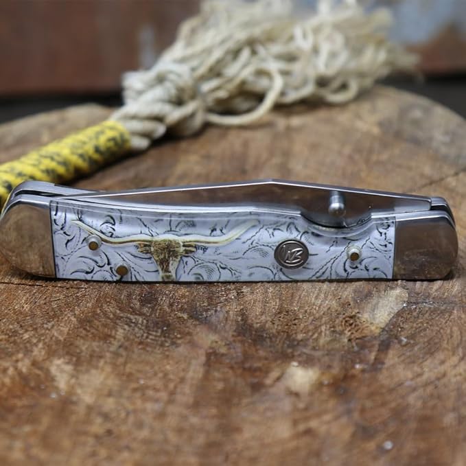 WHISKEY BENT HAT CO. Locking Trapper Folding Pocket Knife 4.125" Closed Length 440C Stainless Steel Blades (Toro - Serrated)