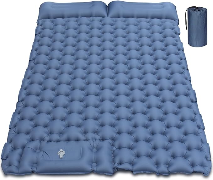 Outerman Double Camping Sleeping Pad, Self Inflating Sleeping Mat 2 Person with Pillow, Built-in Foot Pump for Camping, Hiking, Traveling Tent (Blue)