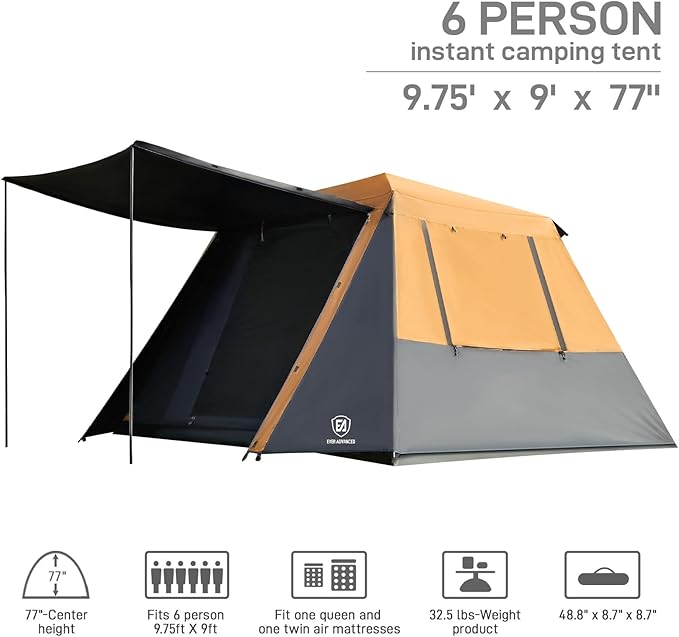 EVER ADVANCED 6 Person Blackout Camping Tent Instant Cabin Tents for Family with Rainfly, 60s Easy Setup, Water-Resistant Orange