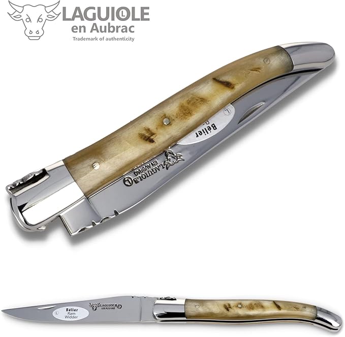Laguiole en Aubrac Handmade Knife 12 cm L0212BEIF ram's Horn Handle, Blade and bolsters Stainless Steel Shiny
