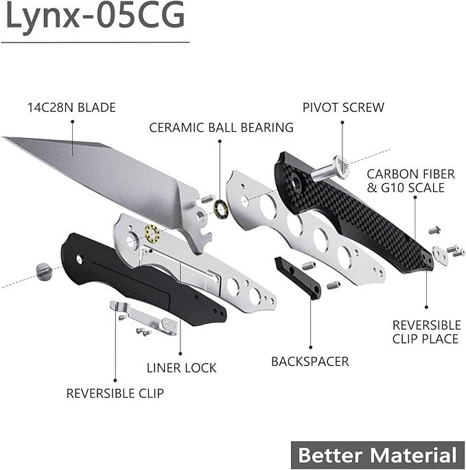 Carbon Fiber Pocket Knife 3.66 inches Stonewashed 14C28N Blade Liner Lock Handle Folding Camping Knives with Deep Carry Reversible Clip for Men Outdoor Hunting，Lynx-05CG