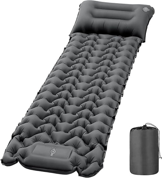Sleeping Pad, 50D Ultralight Camping Mat with Pillow Built-in Foot Pump Sleeping Mat Waterproof Portable and Compact Camping Mattress for Backpacking Hiking Traveling Tent Air Mattress (Grey)