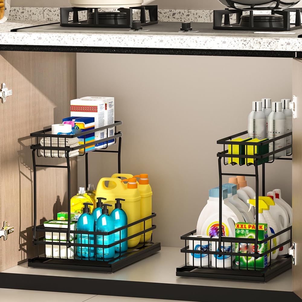 2 Pack Under Sink Organizers and Storage, 2 Tier Pull Out Cabinet Organizer, Metal Sliding Drawer Storage for Kitchen Bathroom，Black