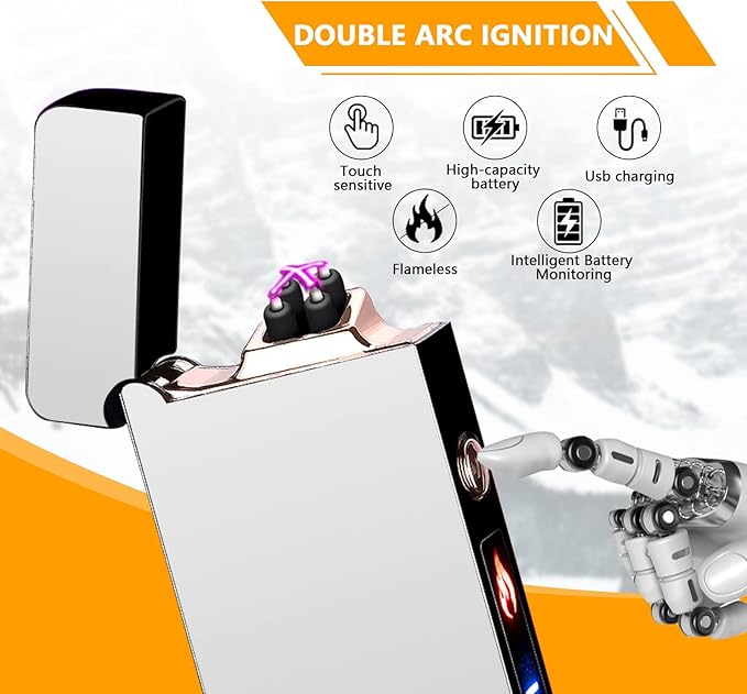 GADATOP Arc Lighter Rechargeable Windproof Flameless Electric Lighters for Outdoors Camping Hiking, Plasma Lighter with LED Battery Indicator and Gift Box (Silver)