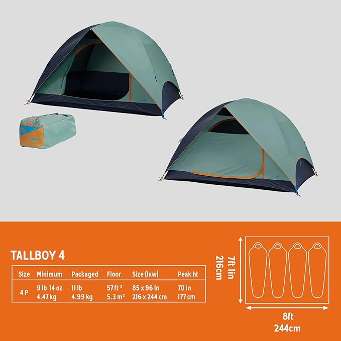 Kelty Tallboy Family Car Camping Tent, 4 or 6 Person Freestanding Shelter, Large Capacity, Stuff Sack Included. 2022