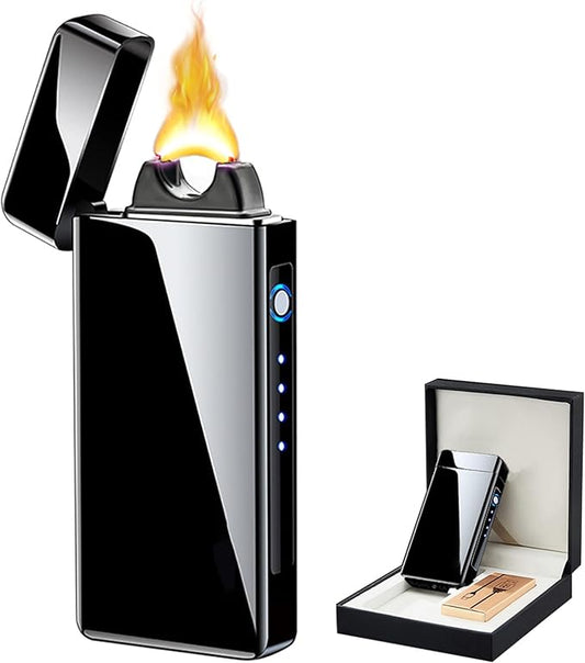 Electric Lighter Rechargeable USB Lighter Arc Plasma Big Flame Lighter Windproof Cool High Power Candle Lighter with LED Battery Indicator for Candles, Fireworks, Incense (Black)