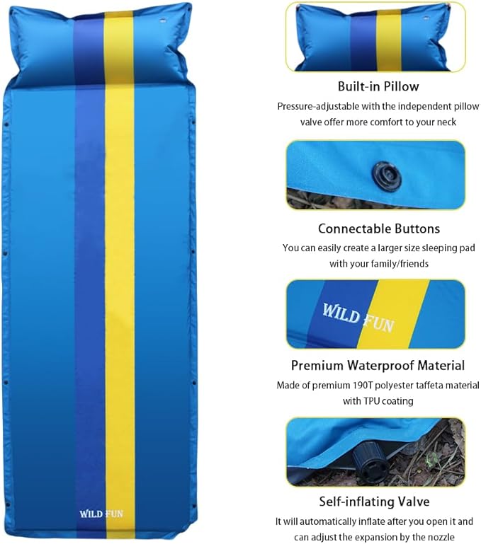 WILD FUN Sleeping Pad for Camping, Memory Foam Camping Mattress with Pillow, Self Inflating Camping Pad 1.2" Thick Foam, Air Mattress Inflatable Sleeping Mat for Backpacking,Hiking