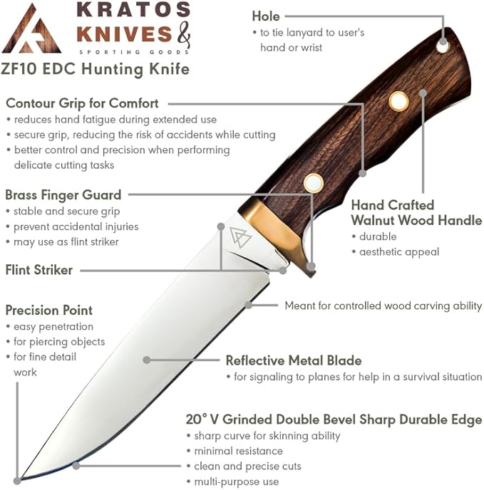 Hunting Knife with Sheath, 10.25" Fixed Blade Bushcraft Hunting Knives with 440C Hardened Stainless Steel Full Tang Survival Knife By Kratos - ZF10