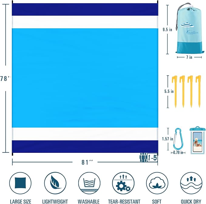 Beach Blanket Sandproof Waterproof 78''×81''1-5 Adults Oversized,Compact Lightweight Durable Beach Mat for Travel Camping Hiking Picnic Blanket