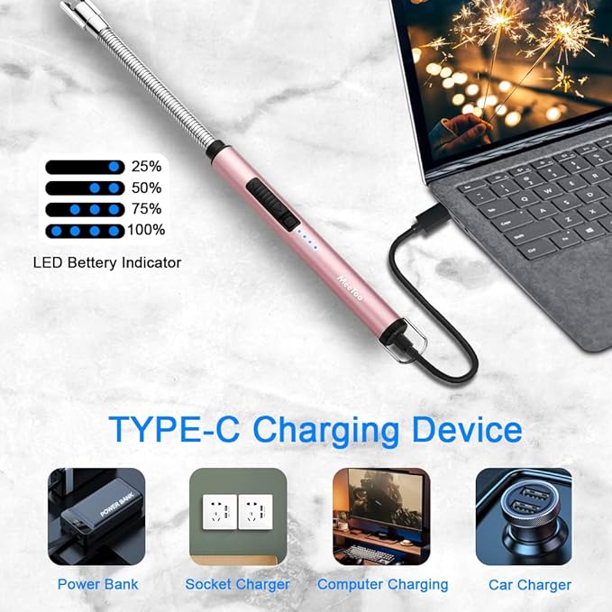 MeeToo Lighter Electric Candle Lighter Rechargeable USB Lighter Plasma Arc Lighter for Candle Camping (Rose Gold)