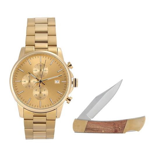 Classic Theme EDC Men's Gift Set, Tactical Pocket Knife & Multifunctional Sports Chronograph Watch