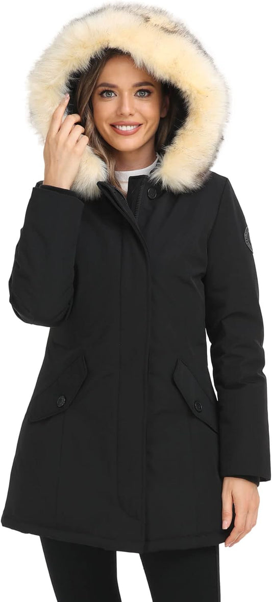 PUREMSX Duck Down Winter Coat for Women Insulated Long Thick Fur Hood Puffer Warm Parka Jacket