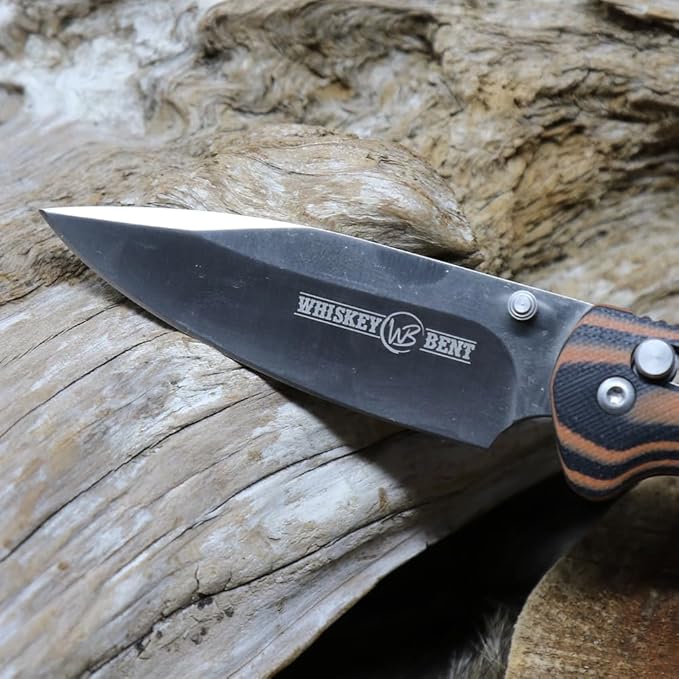 WHISKEY BENT HAT CO. Catch Pin Lock Folding Pocket Knife w/Clip Drop Point Blade Thumbstud Opening 440C Stainless Steel (Chaps, 4.5" - Closed Length)