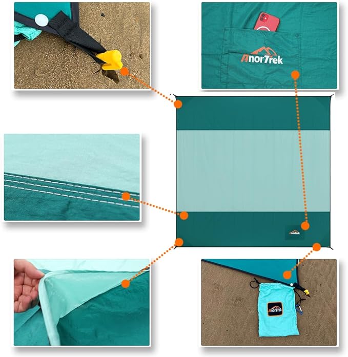 Beach Blanket Sandproof, Extra Large Beach Mat, Sand Free Mat Quick Drying, Lightweight, Soft & Durable Mat for Beach, Yard (Dark Green & Mint Green, 6.6 x 6.6 FT (1～4 Person))