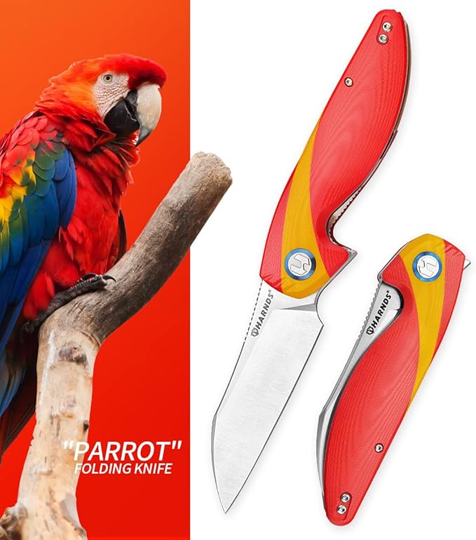 Parrot Folding Pocket Knife with Clip and Blade Lock, 8.4" EDC Folding Knife with Sweatproof G10 handle and 14C28N Stainless Blade (Red & Yellow)