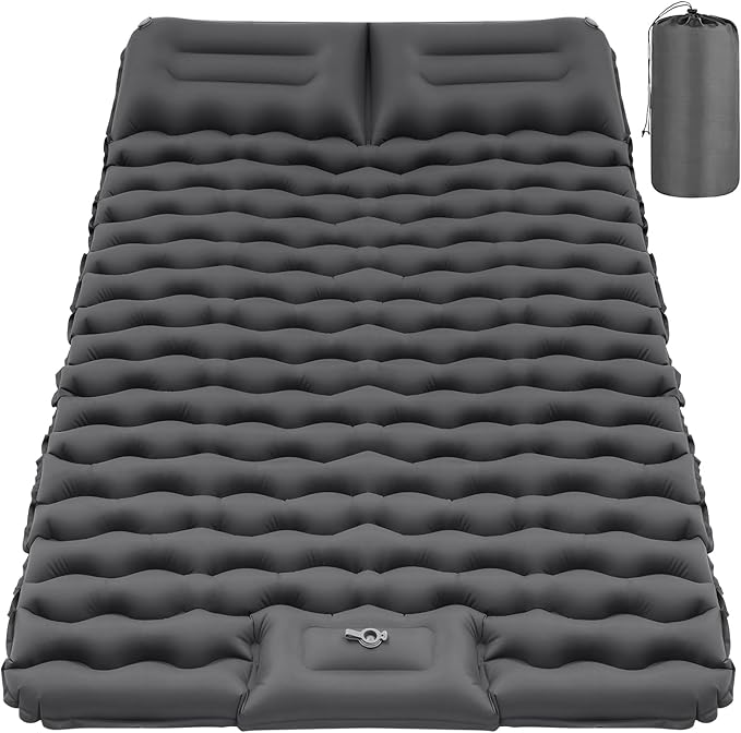 Double Sleeping Pad for Camping, Grey Inflatable Sleeping Mat with Pillow, Ultralight 2 Person Camping Pad with Built-in Foot Pump for Backpacking, Hiking, Tent, Portable Camping Mattress
