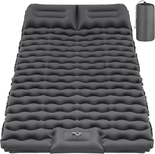 Double Sleeping Pad for Camping, Grey Inflatable Sleeping Mat with Pillow, Ultralight 2 Person Camping Pad with Built-in Foot Pump for Backpacking, Hiking, Tent, Portable Camping Mattress