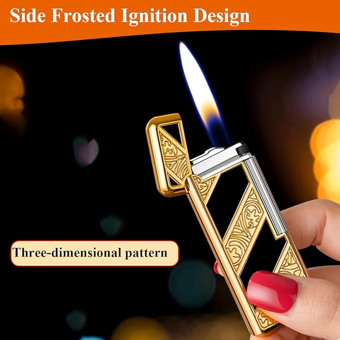 Open Flame Lighter, Classic Retro Lighter, Adjustable Open Fire Butane Flame Lighter, Slide Sliding Wheel Ignition Lighter for Kitchen, Indoor, Outdoor, Grill, Men's Gifts (Black Silver)