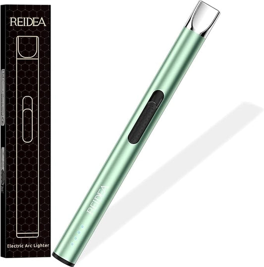 REIDEA Electric Lighter S4 Pro Candle Lighter, Windproof Flameless USB Rechargeable Arc Lighter with Safe Button and Power Indicator for Candle, BBQ and Fireworks, Mint Green