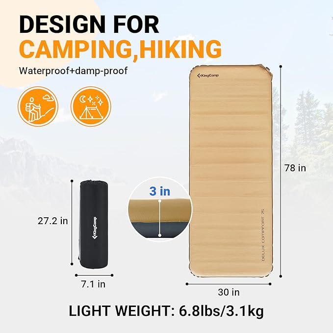 KingCamp Self Inflating Camping Sleeping Pad, 3 INCH Ultra Thick 6.1 R Warm Soft Single Foam Air Mattress for Travel Hiking Tentads for Tent Cot Traveling and Hiking, Multicolor