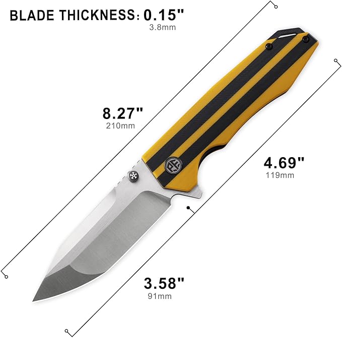 Petrified fish PFP08 Mocado Pocket Knife,3.58" K110 Steel Satin Blade, 5.64oz G10 Handle Flipper Liner lock Folding knife (Yellow Satin)