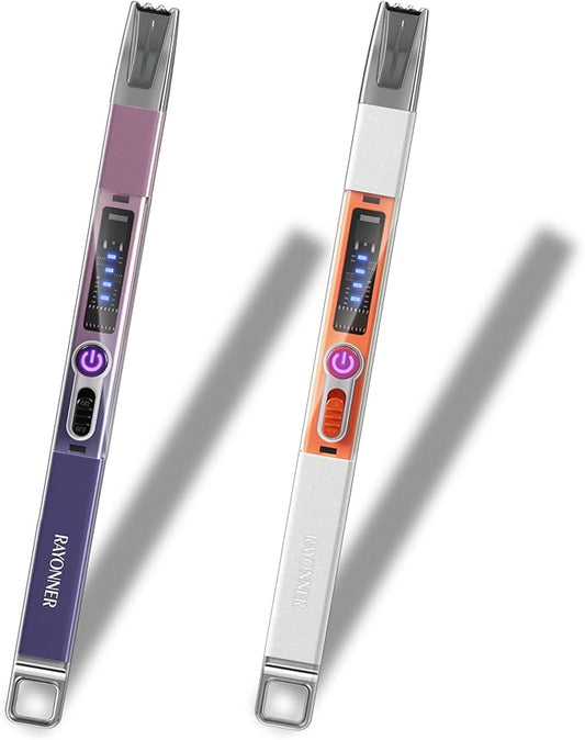 RAYONNER Electric Candle Lighter Plasma Arc Lighters Windproof & Flameless USB with Rechargeable Double Safety Switch for Candle BBQ Camping (2 Pack - Pink/Purple Gradient&White-Orange)