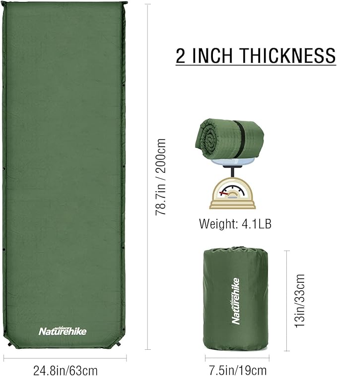 Naturehike Sleeping Pad, 2 inch Thick Self Inflating Sleeping Pad for Camping, Durable Camping Mattress Connectable with Multiple, Lightweight Sleeping Mats for Backpacking, Tent, Hammock, Hiking