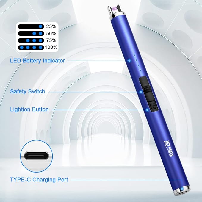 USB Rechargeable Candle Lighter Electronic Arc Lighter Windproof Flameless with Safety Button for Camping Cooking BBQ (Dark Blue)