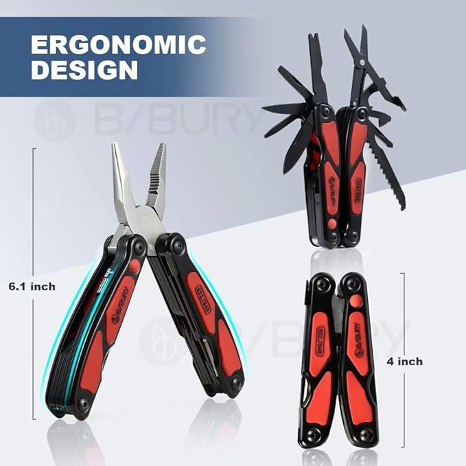 BIBURY Multitool Pliers, 14 in 1 Multi Tool with Flashlight, Scissors, Knife, Stainless Steel Pocket Knife Multifunctional EDC Tool for Camping, Survival, Fishing, Hiking, Hunting