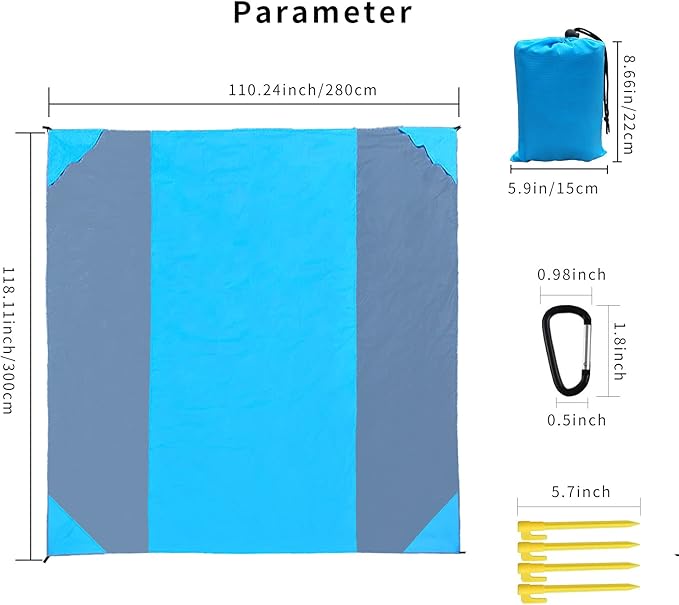 Beach Blanket Oversized 118"x110" Sandproof Water Resistant Beach Blanket Portable Outdoor Camping Blanket Must Have for Travel,Camping,Hiking(BigBlueGray)