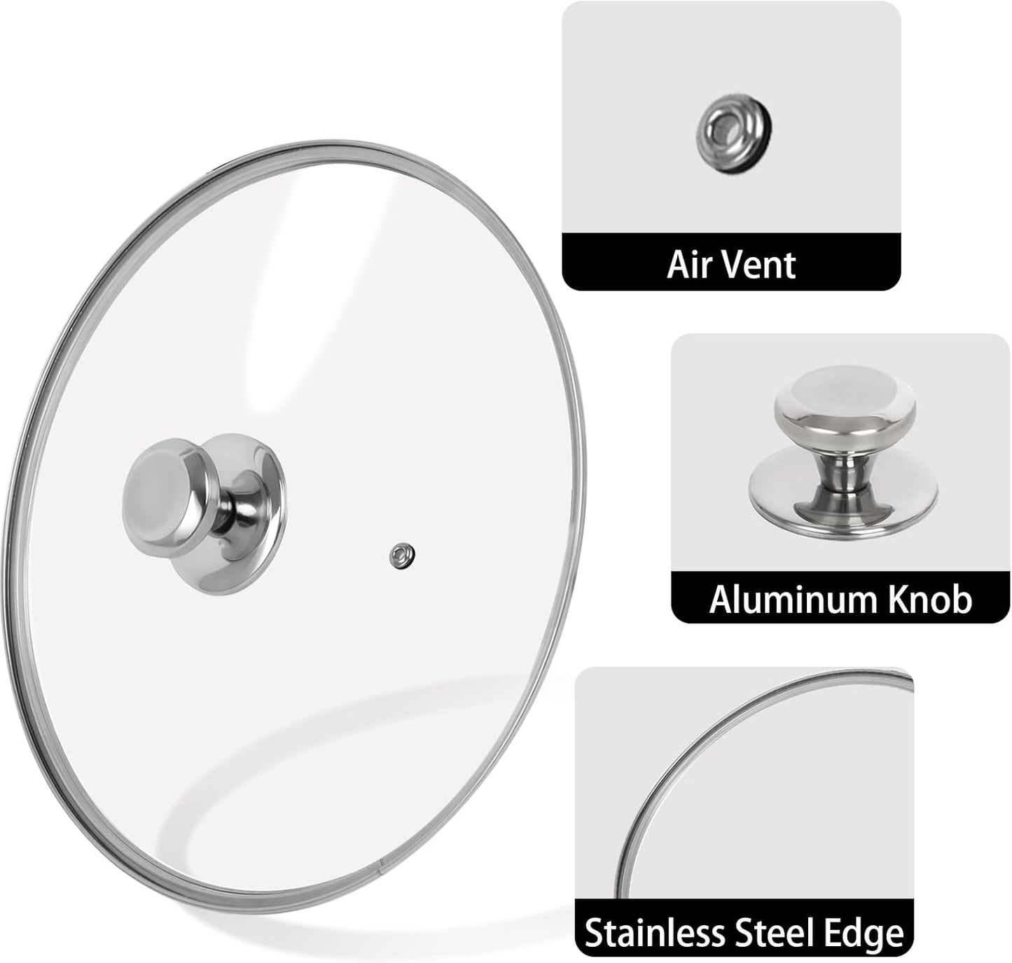 12 inch Tempered Glass Lid for Pots, Frying Pans and Skillets, Replacement Cover with Stainless Steel Knob Handle, Dishwasher Safe