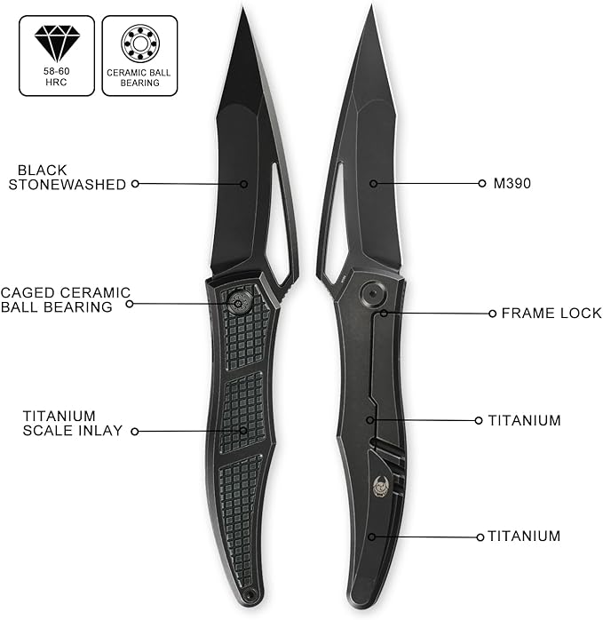 Knife Ripback Thumb Hole Knife,3.85" Stonewashed M390 Blade,4.84" Titanium Scale Handle Frame Lock Folding Knife,Reverse Grip Pikal Knife,4.63oz EDC Knife Pocketclip (Green)